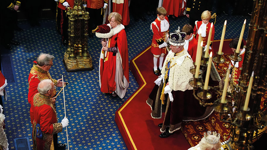 King Charles III reads the King's Speech during the State Opening of Parliament in chamber of the House of Lords at the Palace of Westminster