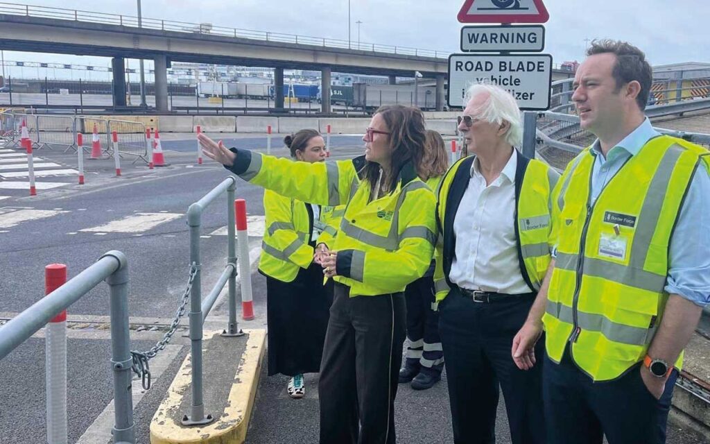DPHA’s Lucy Manzano showing Lord Trees, centre, and Danny Chambers the work the authority does in seizing illegal imports