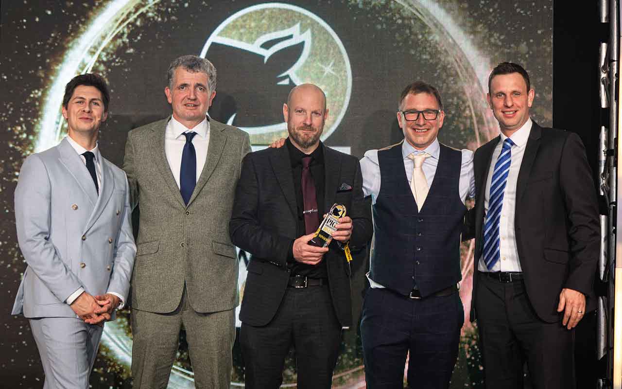 Rob McGregor, Jamie Macdonald and Tom Neat were presented with the award by NPA PIG chair Joe Dewhirst, right, and host Ben Hanlin, left