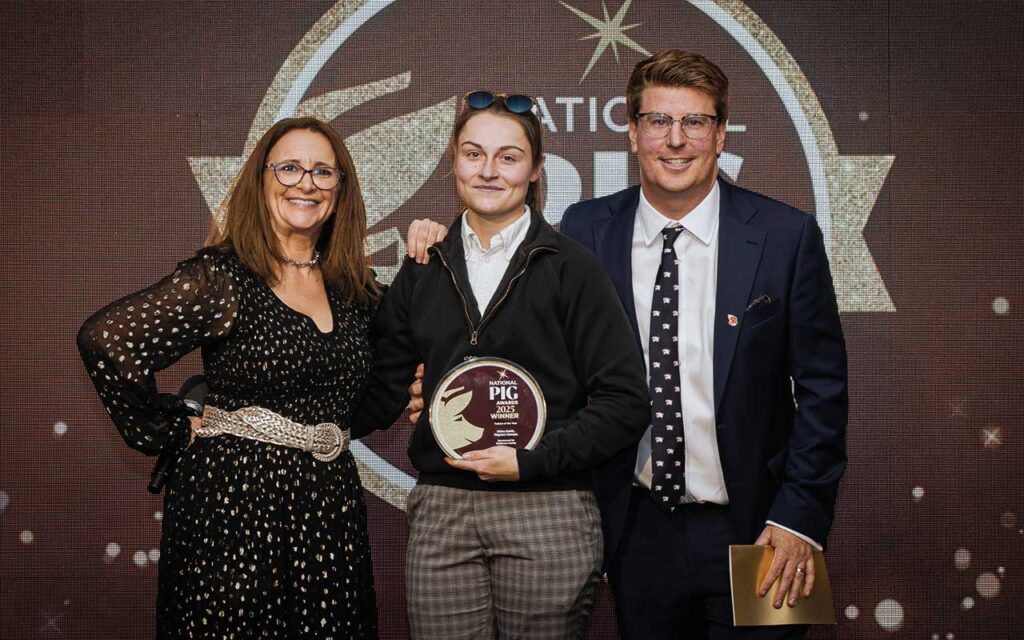 National Pig Awards: New entrant’s initiative and readiness to learn China was presented with award by Nick Lawson, Rattlerow Farms’ head of people and engagement, and Lucy Porter